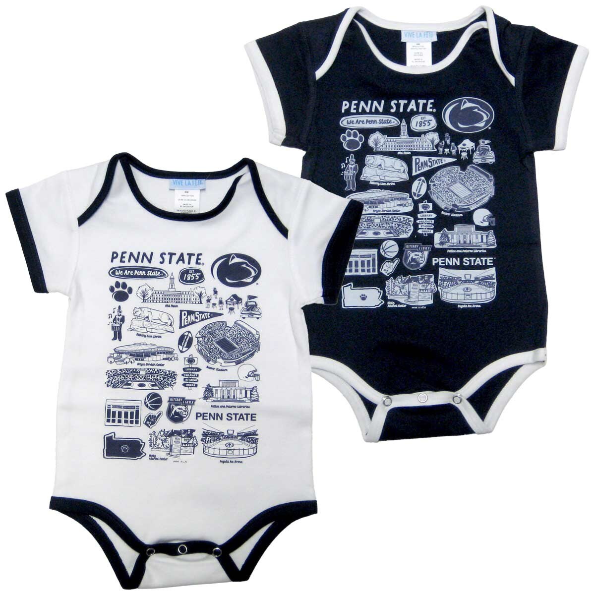 white and navy infant onesies with assorted Penn State campus impressions